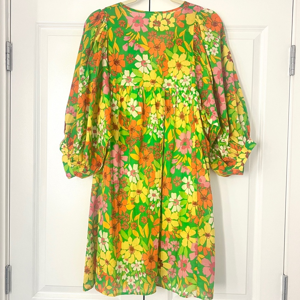 ODDY Babydoll Dress Women’s Small Green Floral Boho Puff Sleeve Tassel Oversized - Picture 2 of 16